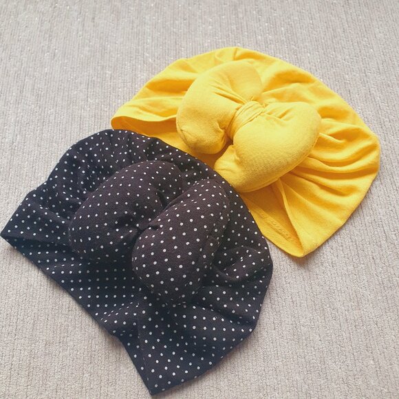 ⭐️4/$20⭐️ Turban Hats Baby Girls 0-12 Months Polka Dot Black Yellow Bow - Picture 2 of 2